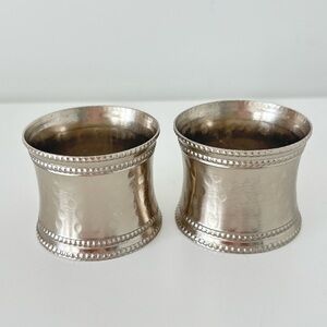 SET OF TWO vintage silver plated napkin rings hammered beaded hollywood regency